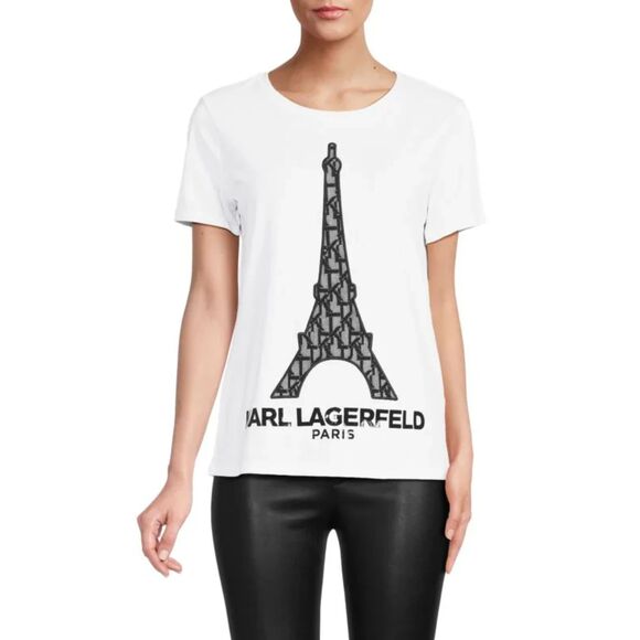 Karl Lagerfeld Paris Lace Eiffel Logo Tee Medium 87 - Picture 1 of 6